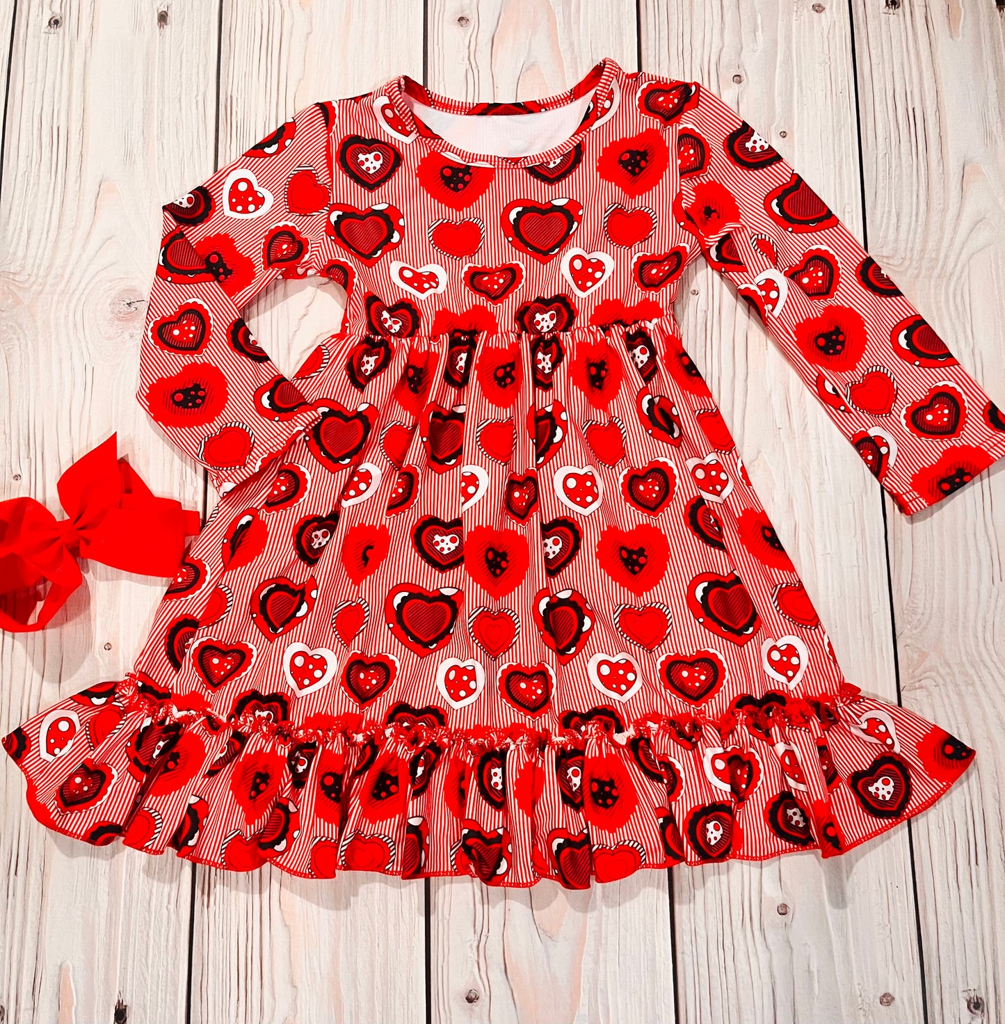 Girls Valentines twirl dress, girls Valentines day dress, red Valentines dress, striped red dress, Valentine outfit, red twirl dress