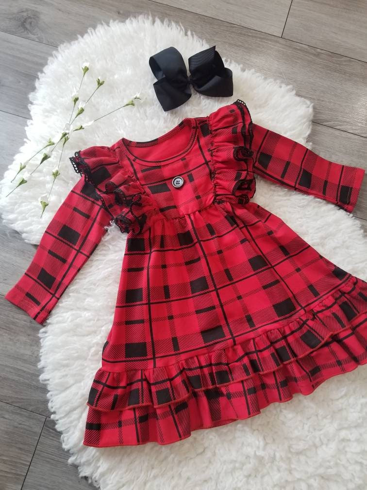 Girls Christmas dress, red plaid dress, red checkered dress, holiday pinafore dress, girls ruffled boutique dress, toddler Christmas dress,