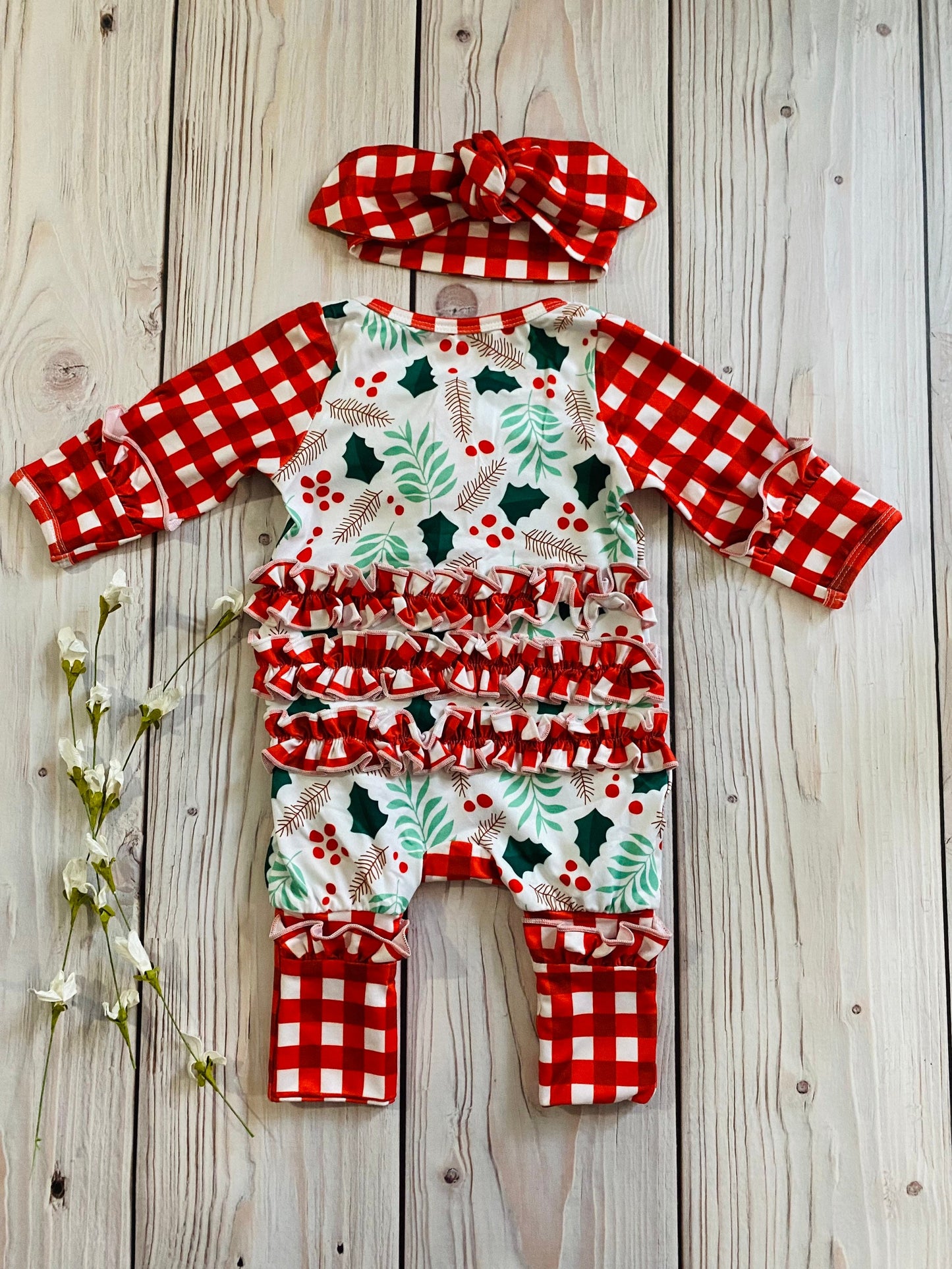 Baby girl Christmas footie pajamas, built in mittens and footies, newborn Christmas romper, Christmas pajamas, baby holiday outfit,