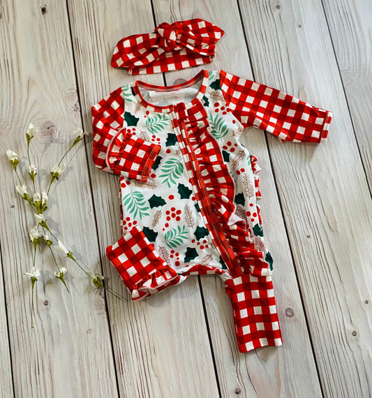 Baby girl Christmas footie pajamas, built in mittens and footies, newborn Christmas romper, Christmas pajamas, baby holiday outfit,