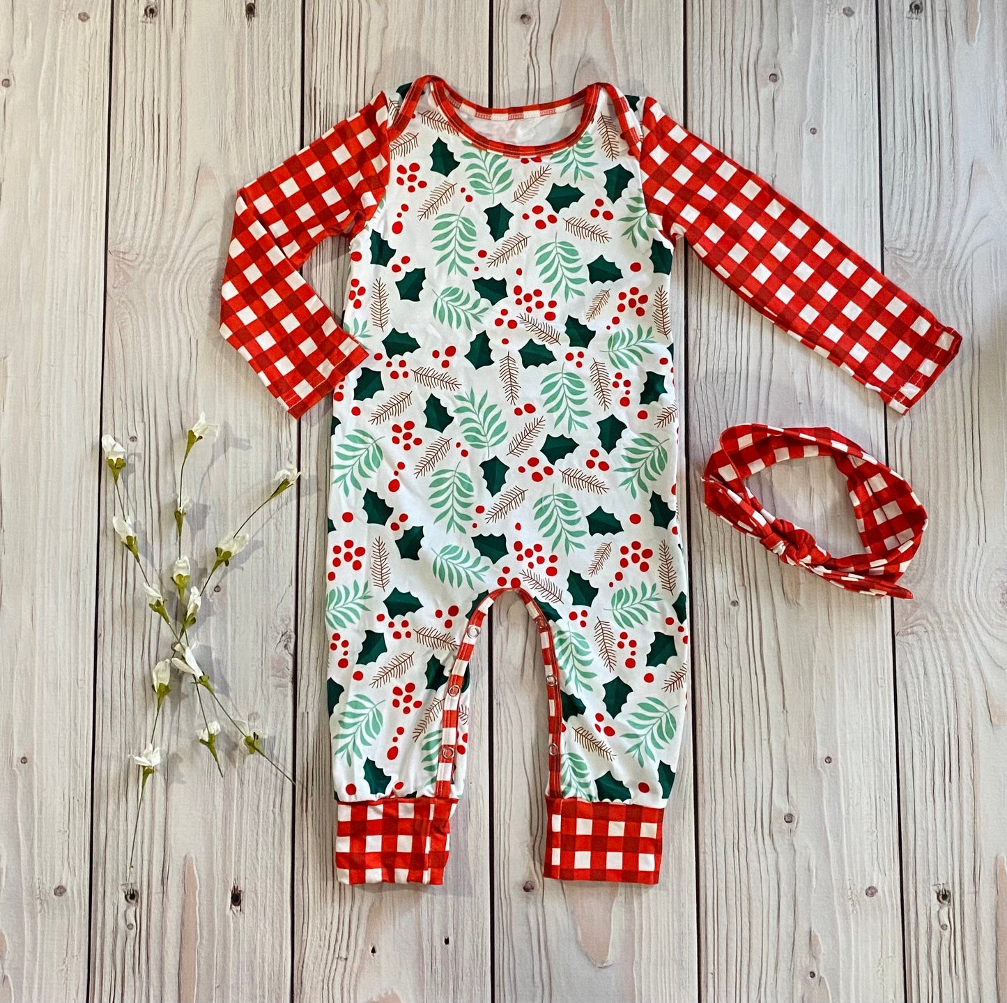 Baby girl Christmas footie pajamas, built in mittens and footies, newborn Christmas romper, Christmas pajamas, baby holiday outfit,