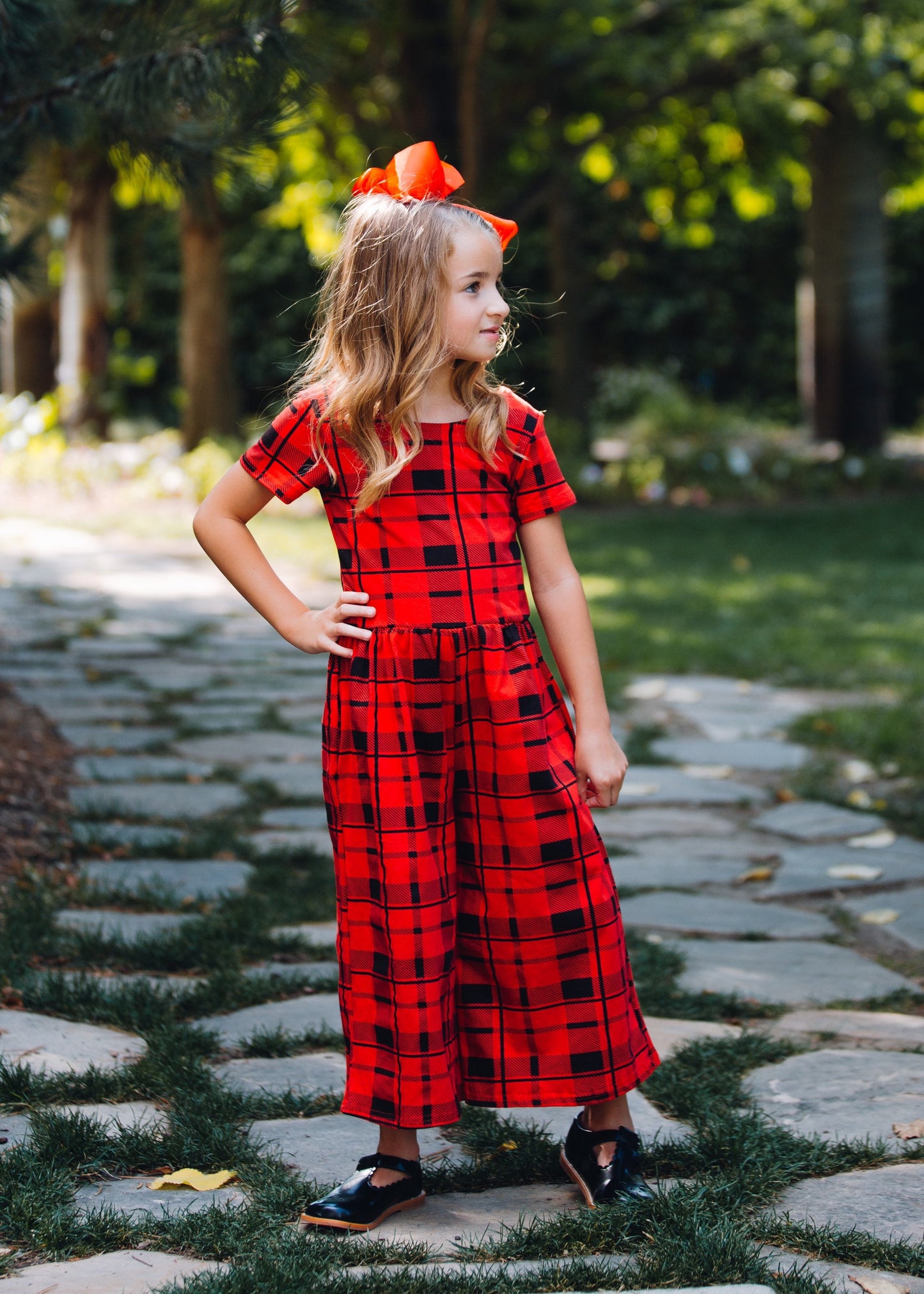 Girls red plaid romper