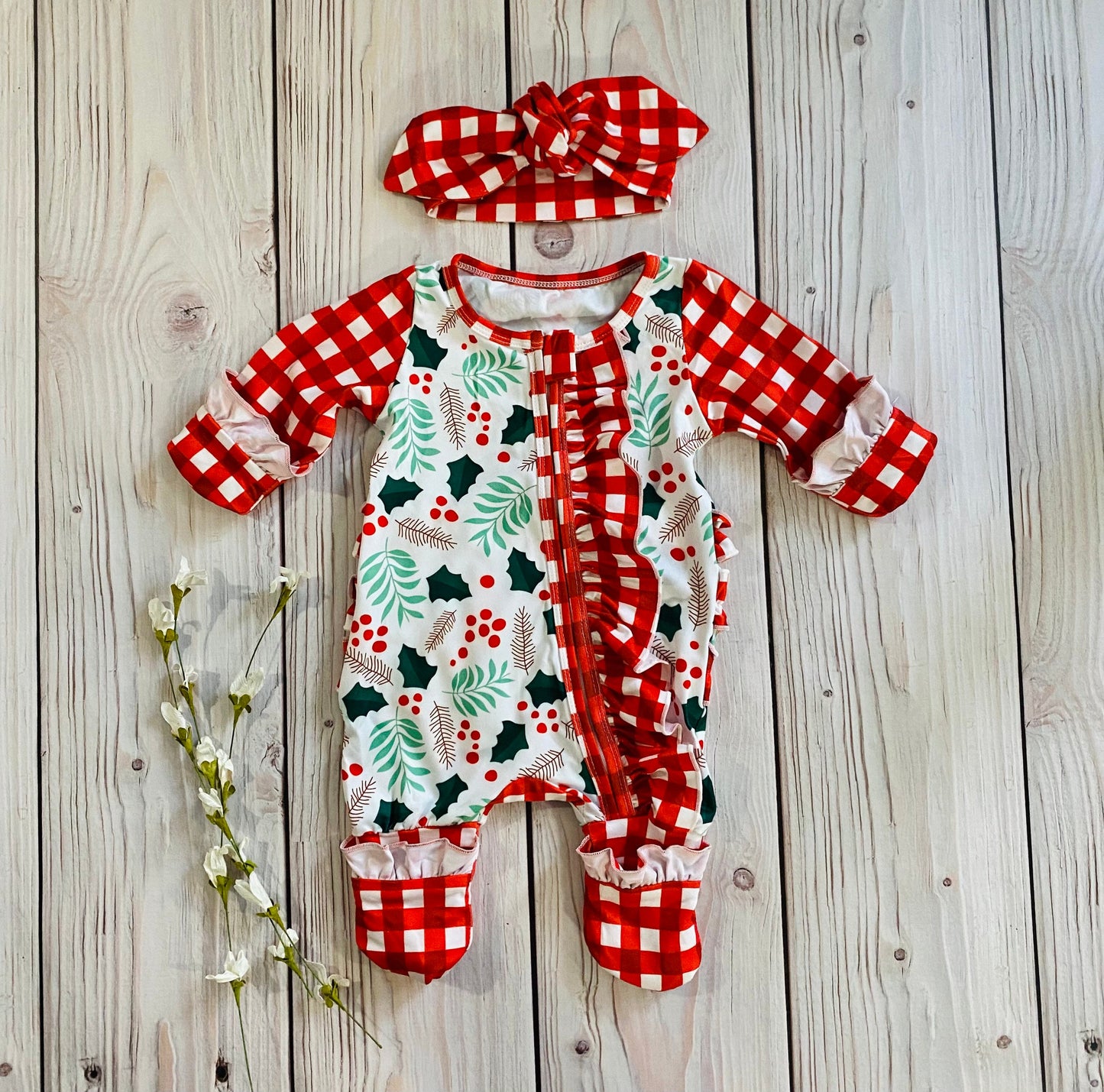 Baby girl Christmas footie pajamas, built in mittens and footies, newborn Christmas romper, Christmas pajamas, baby holiday outfit,