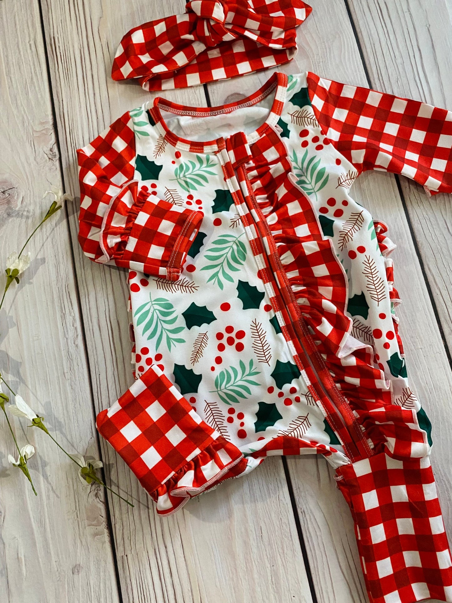 Baby girl Christmas footie pajamas, built in mittens and footies, newborn Christmas romper, Christmas pajamas, baby holiday outfit,