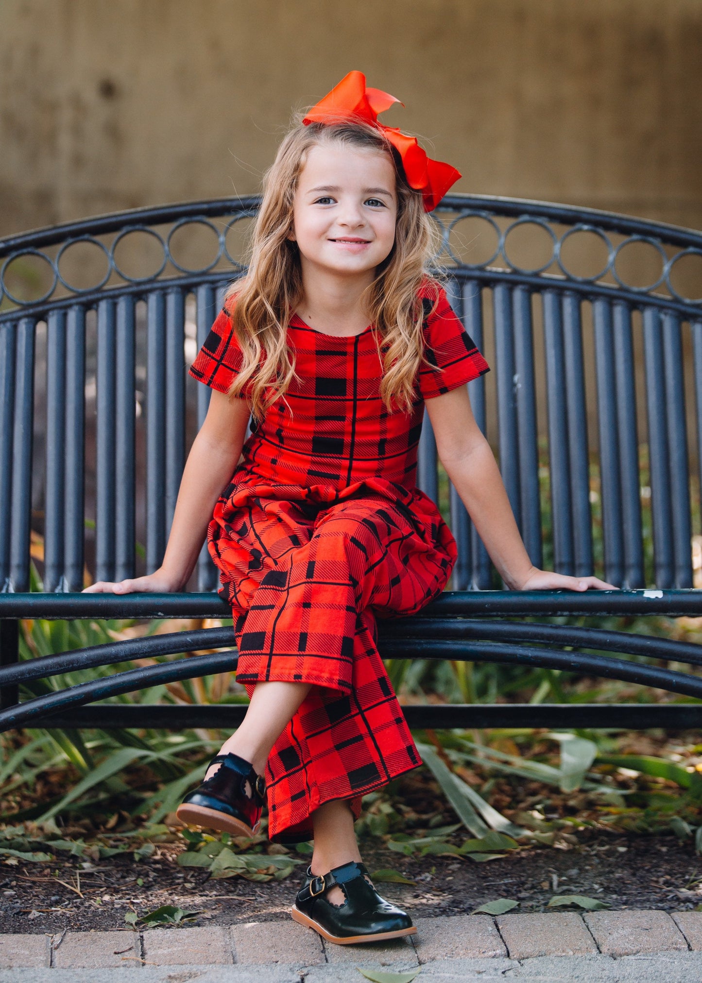 Girls red plaid romper