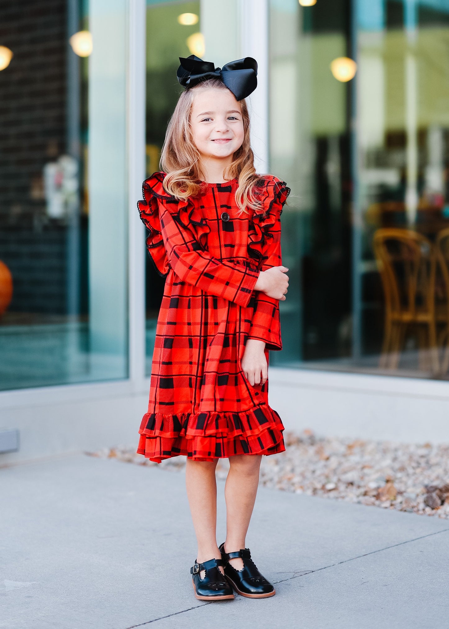 Girls Christmas dress, red plaid dress, red checkered dress, holiday pinafore dress, girls ruffled boutique dress, toddler Christmas dress,