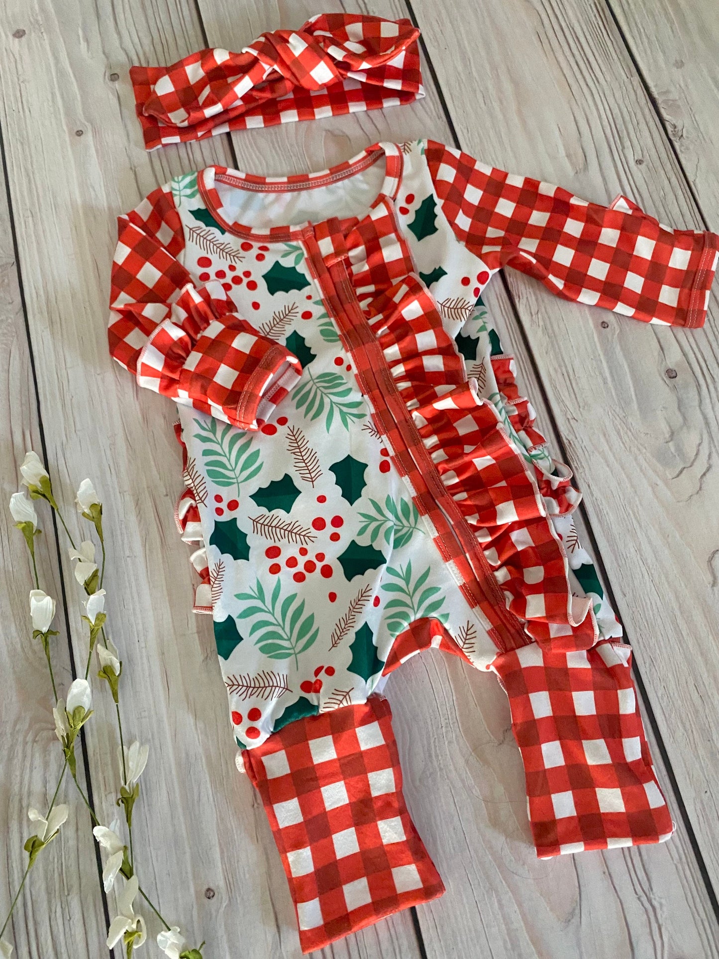 Baby girl Christmas footie pajamas, built in mittens and footies, newborn Christmas romper, Christmas pajamas, baby holiday outfit,