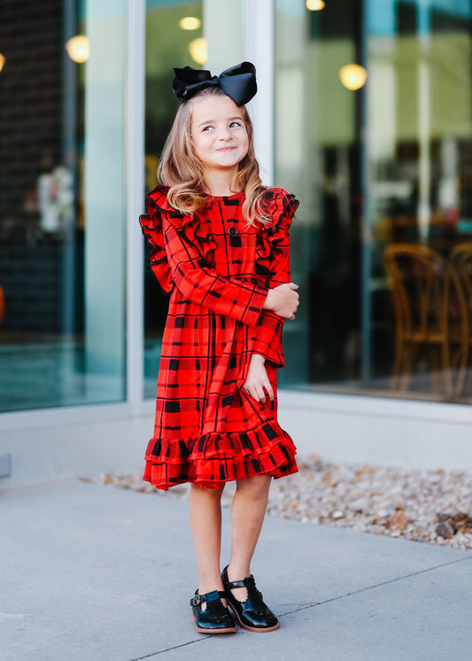 Girls Christmas dress, red plaid dress, red checkered dress, holiday pinafore dress, girls ruffled boutique dress, toddler Christmas dress,