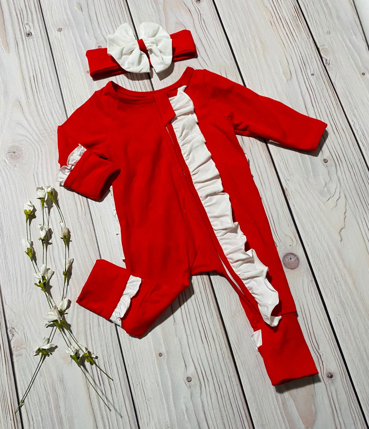 Baby girl Christmas footies romper, built in mittens and footies, newborn Christmas romper, take home outfit, baby holiday outfit, romper