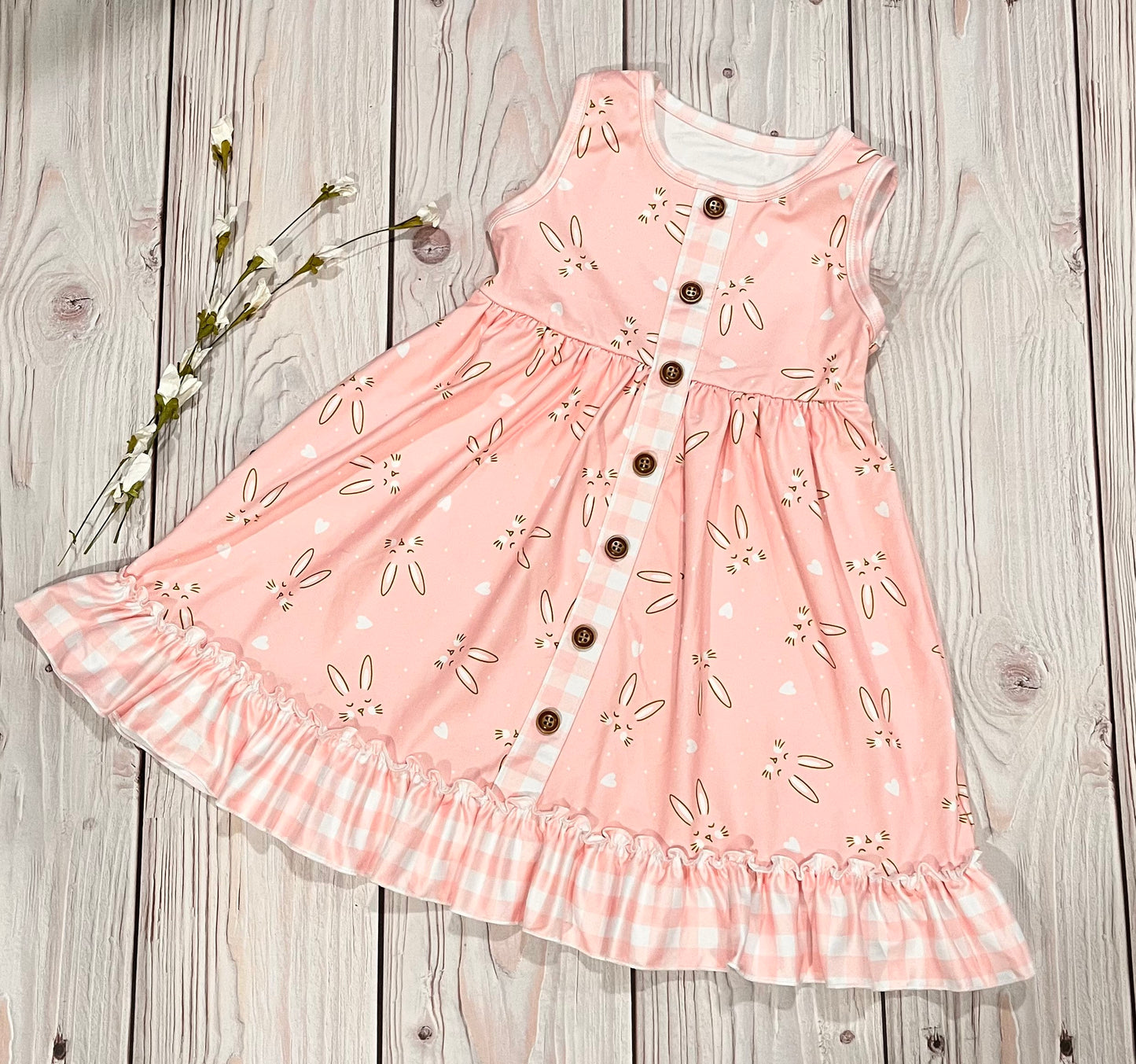 Girls pink Easter dress, Easter bunny dress, bunny dress, peachy pink dress, spring dress, ruffled Easter dress, bunny dress