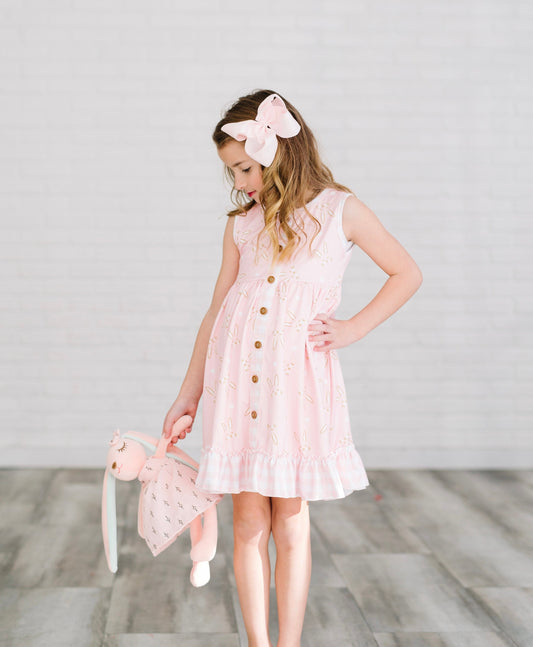 Girls pink Easter dress, Easter bunny dress, bunny dress, peachy pink dress, spring dress, ruffled Easter dress, bunny dress