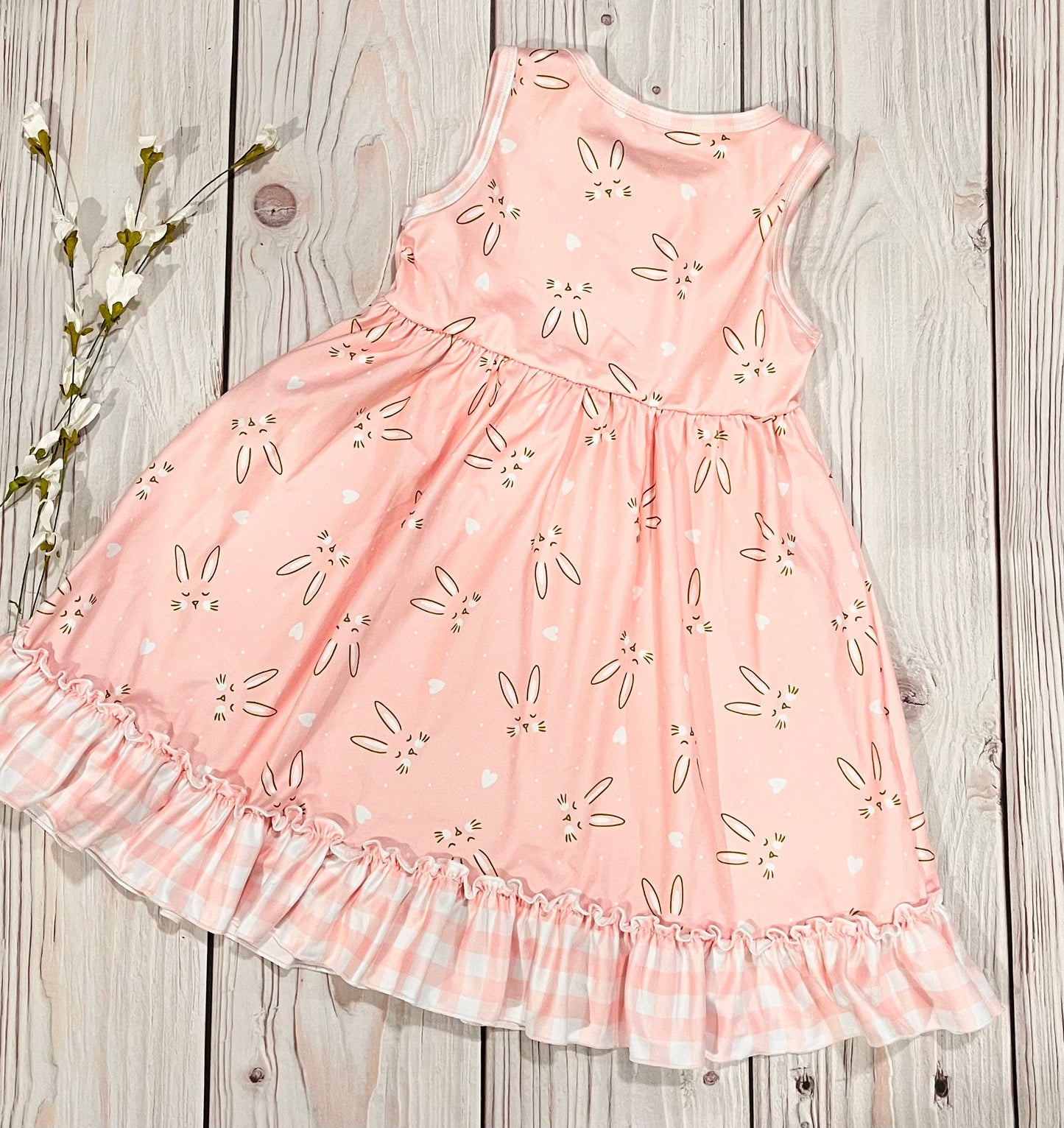 Girls pink Easter dress, Easter bunny dress, bunny dress, peachy pink dress, spring dress, ruffled Easter dress, bunny dress